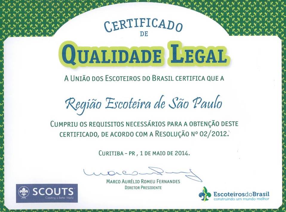 REGIÃO ESCOTEIRA DE SP RECEBE CERTIFICADO DE QUALIDADE LEGAL